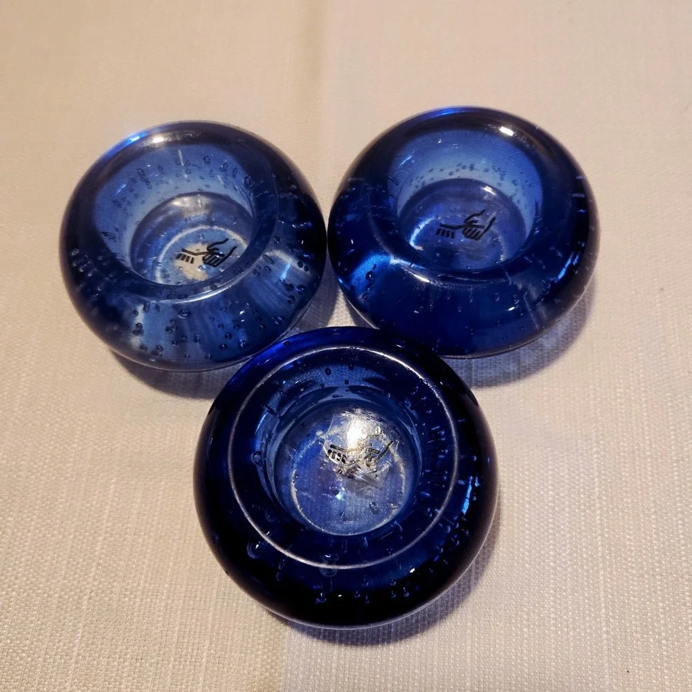 3 IKEA Blue Art Glass Controlled Bubble Paperweight Tea‎ light Candle Holder Set